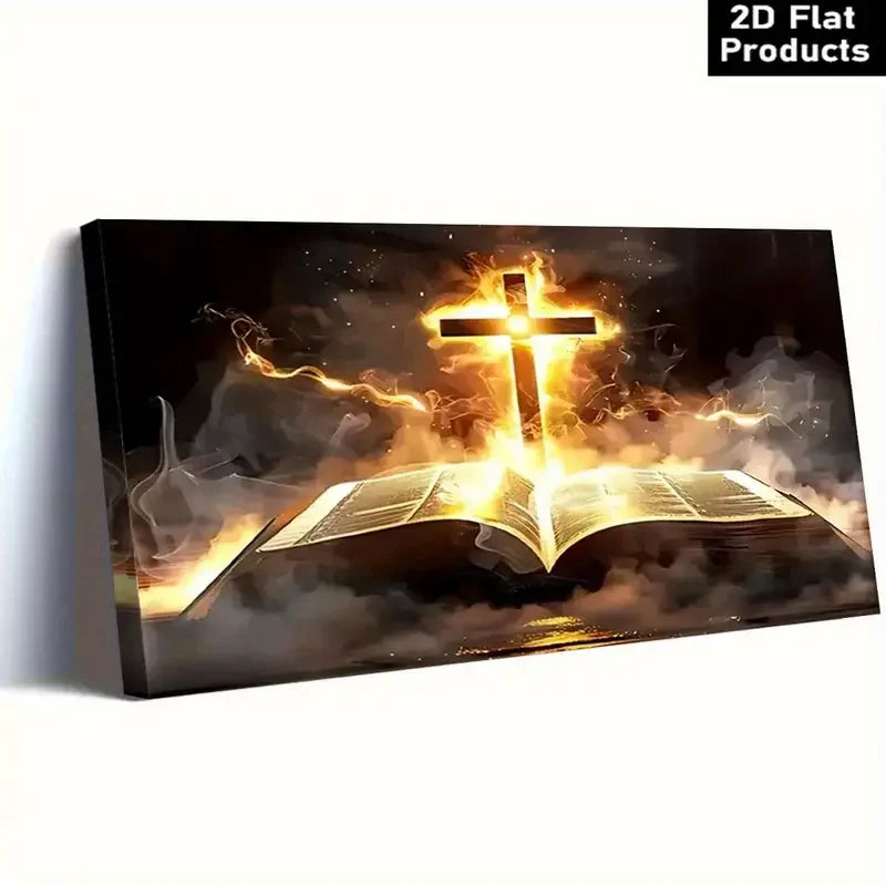Tableau “La Croix de Feu et la Parole Vivante” – Peinture murale chrétienne sur toile | Puissance du Saint-Esprit et gloire divine
